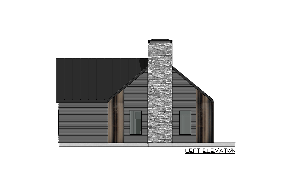 Left elevation house plan: dark metal roof, stone chimney, horizontal siding, vertical wood accents, two windows.