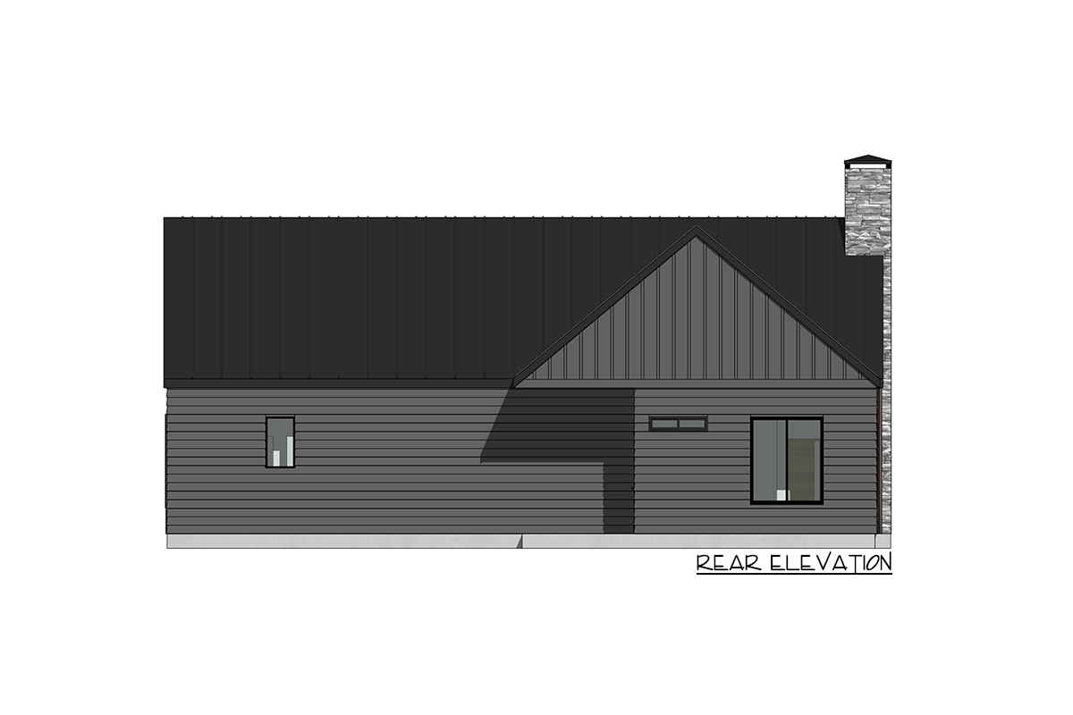 Rear elevation of a house plan with horizontal siding, a gable end, a metal roof, and a stone chimney.