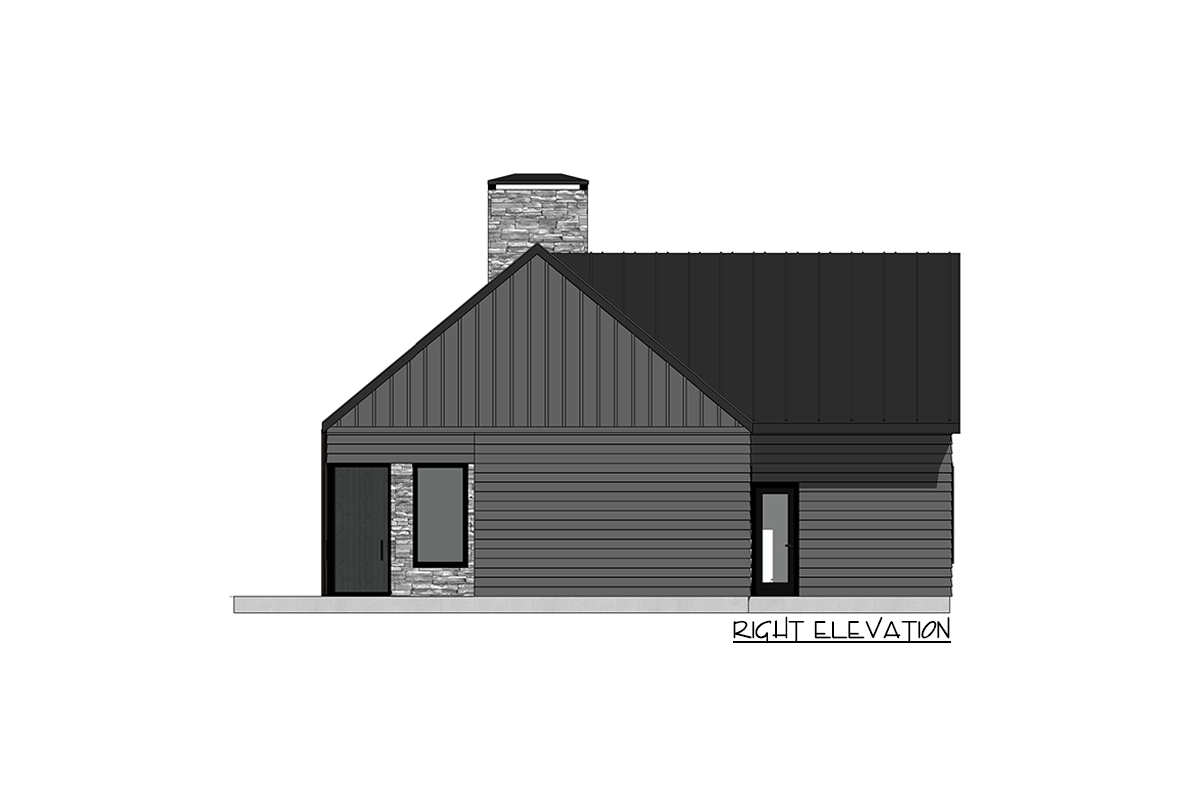 Right elevation house plan with vertical siding, stone accents, metal roof, and a stone chimney.