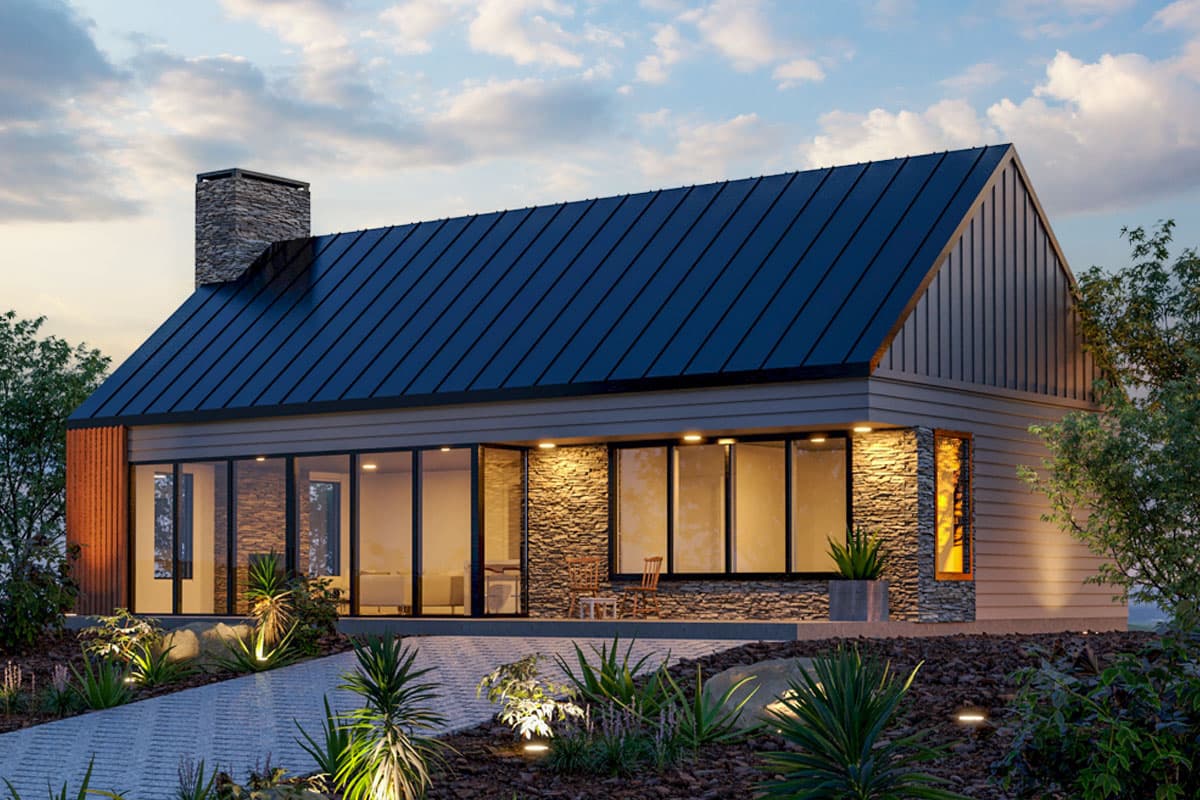 House plan exterior. Modern farmhouse style with gabled roof, stone chimney, and large windows. Horizontal siding with stone accenting.