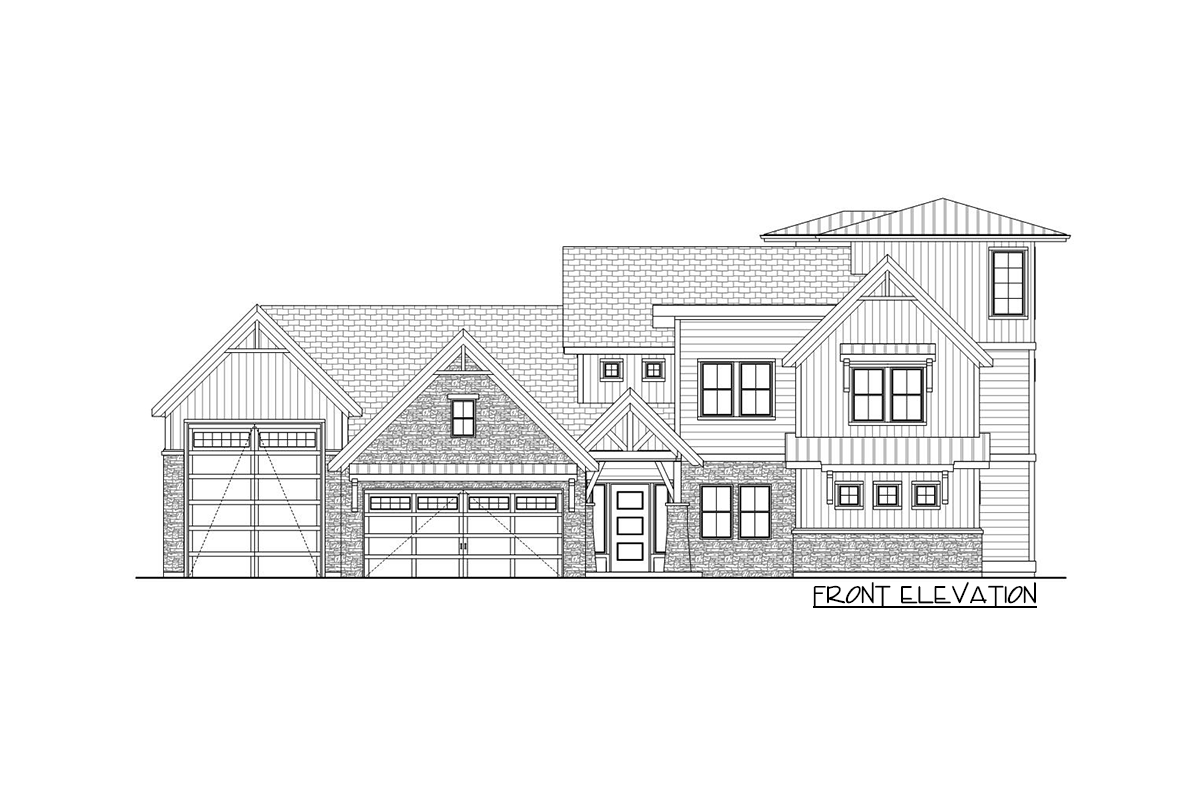 Front elevation drawing of a two-story house with a three-car garage, gables, stone accents, and varied rooflines.