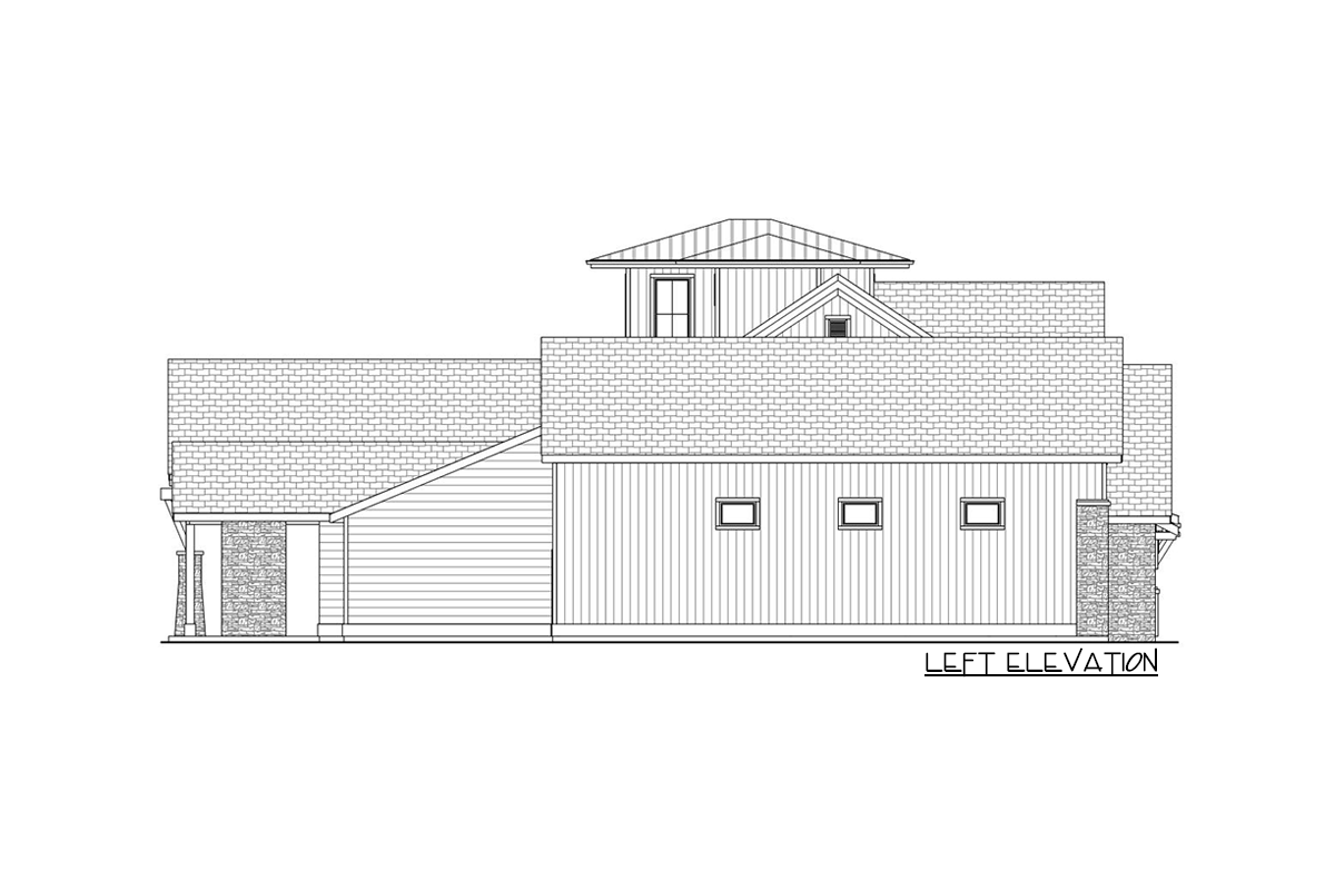 Left elevation house plan with gable roof, dormer, siding, stone accents, and three garage doors.