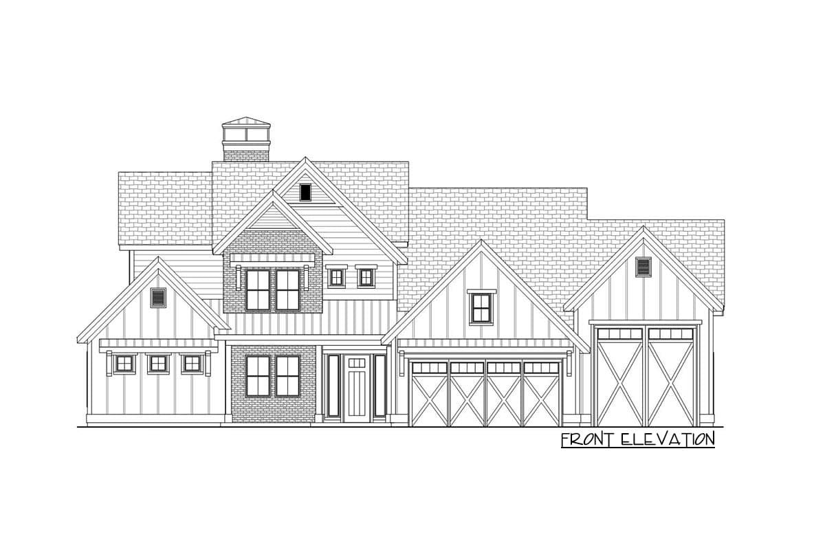 Front elevation drawing of a two-story house plan with multiple gables, brick accents, and a triple-car garage.