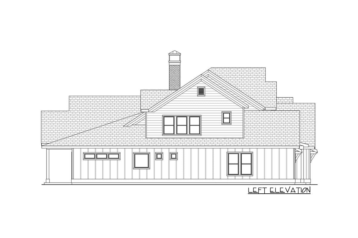Left elevation drawing of a house plan showing a prominent gable, multi-story rooflines, and a brick chimney.