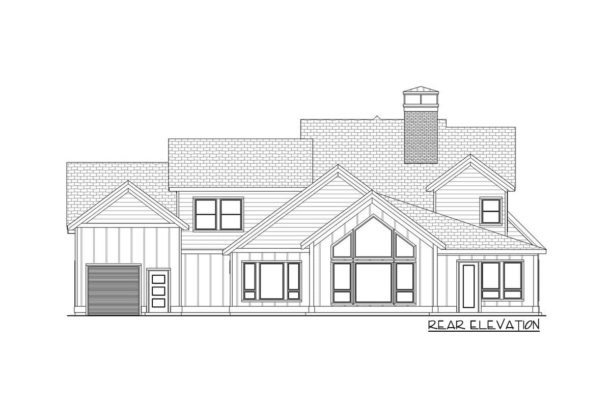 Rear elevation of a two-story house plan with a side-entry garage, gables, and a prominent A-frame window.