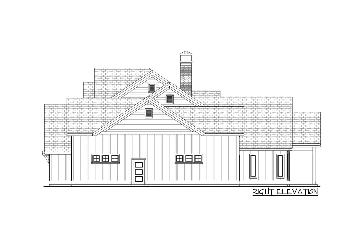 Right elevation drawing of a house plan with multiple gables, dormers, a prominent chimney, and vertical siding.