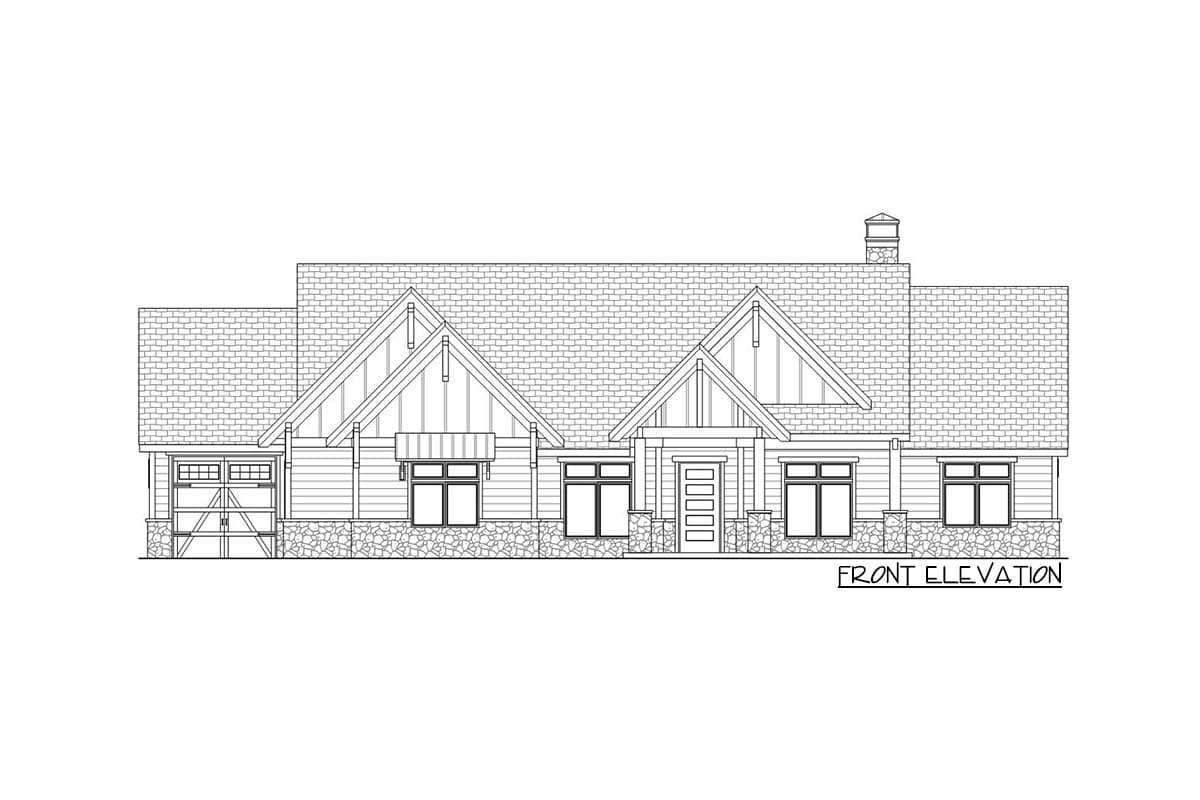 Front elevation house plan: Ranch style, one story, with gabled dormers, stone base, and attached garage.