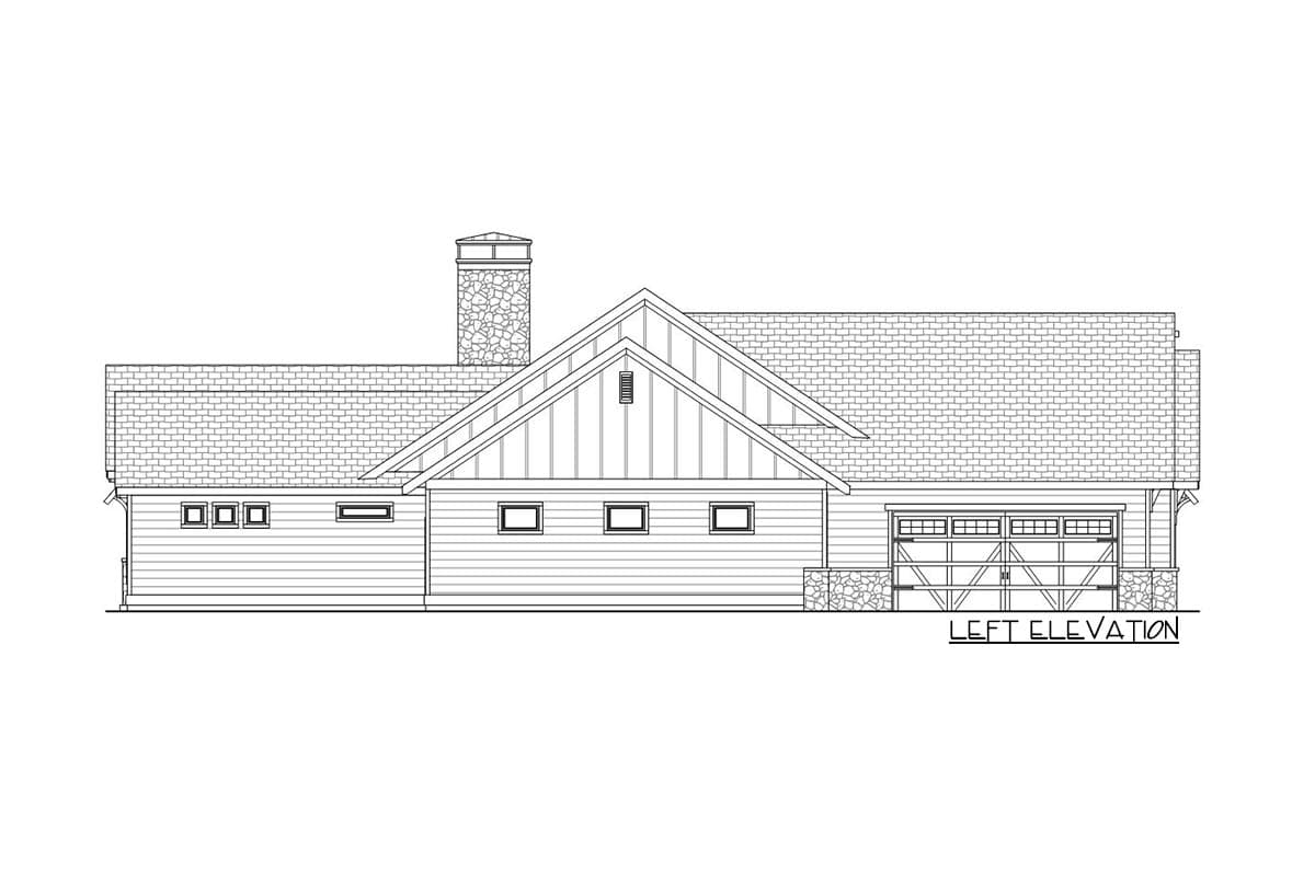 Left elevation of a one-story house plan with a prominent gable, stone chimney, and detached garage.