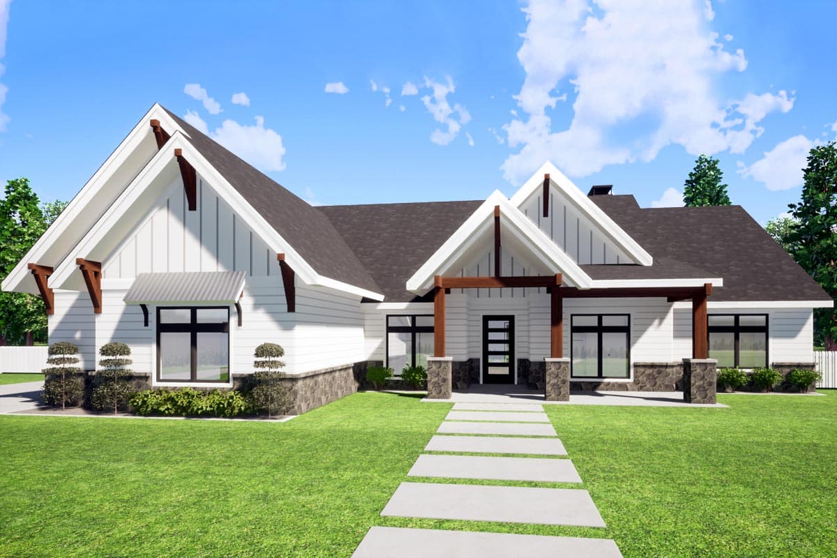 House plan exterior with Craftsman-style elements. Features include gable rooflines, exposed rafter tails, and a covered porch. Single story.