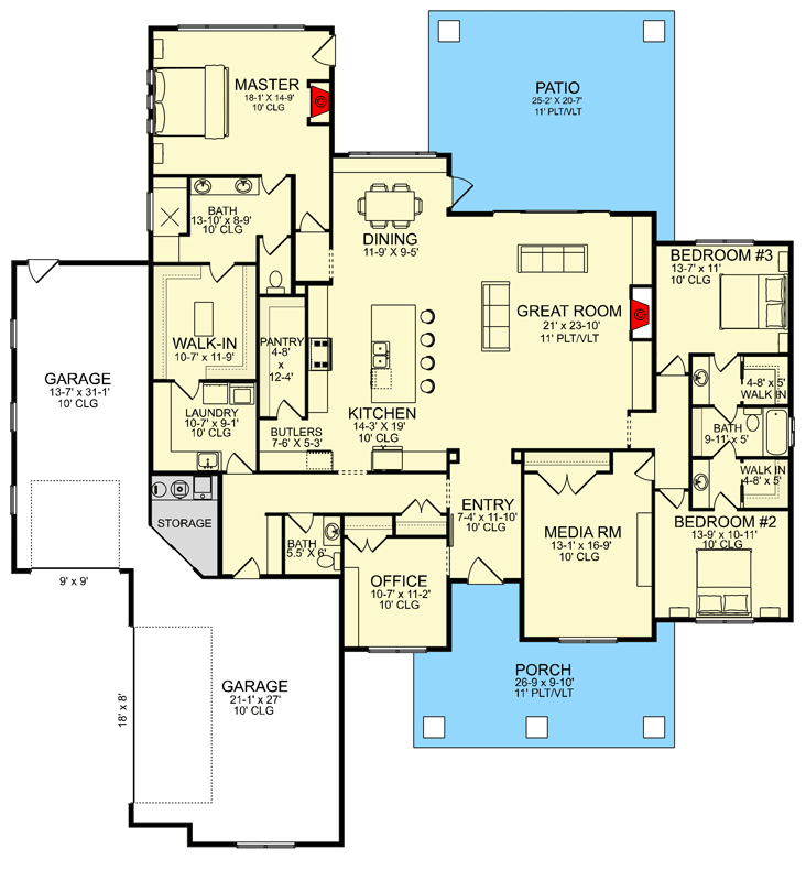 Plan 580016DFT: One-level Rustic Farmhouse with Office and Media Room - Floor Plan - Main Level - Country, Craftsman, Farmhouse, Modern Farmhouse, Ranch