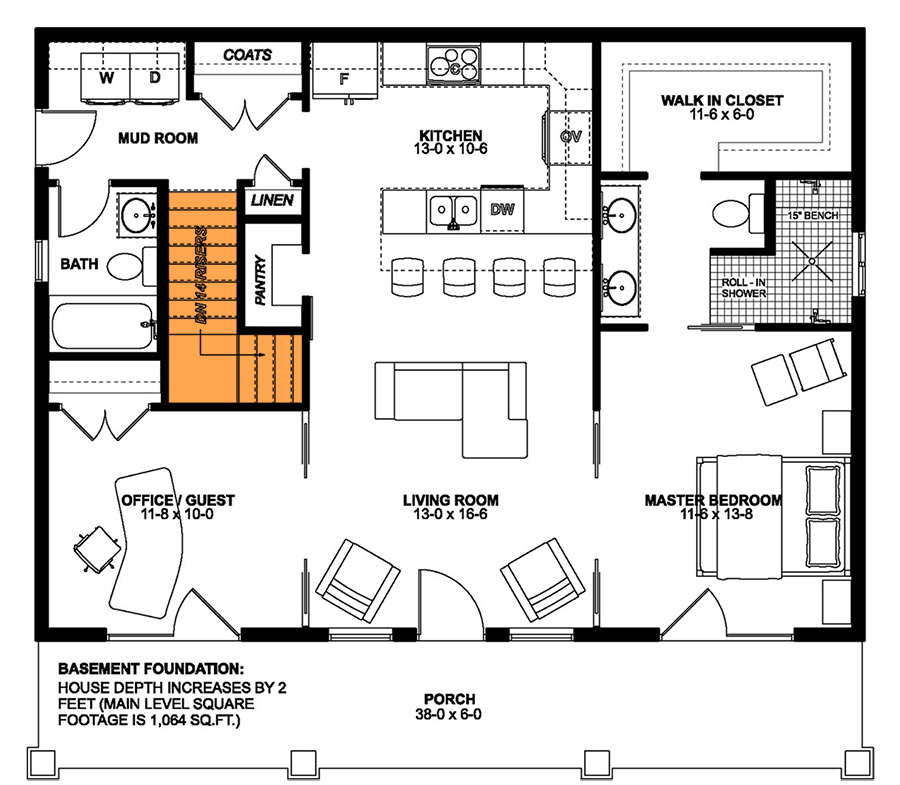 Plan 67700MG: Compact One-Story House Plan with 6'-Deep Front Porch - Floor Plan - Main Level - Basement Stairs Location - Cottage, Country, Craftsman, Traditional