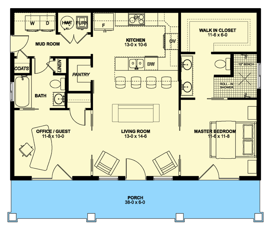 Plan 67700MG: Compact One-Story House Plan with 6'-Deep Front Porch - Floor Plan - Main Level - Cottage, Country, Craftsman, Traditional