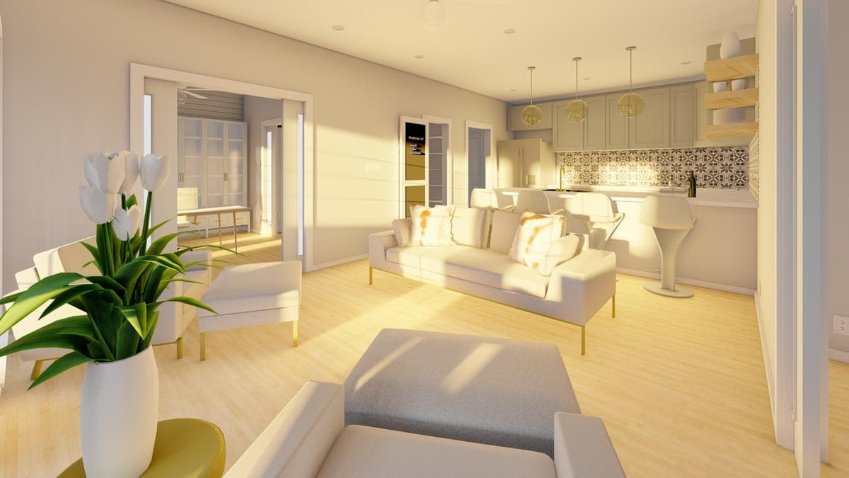 Rendering of a living room and kitchen area with sofas, island, and patterned backsplash.