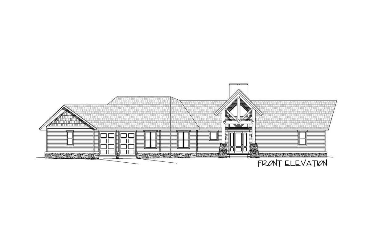 Front elevation drawing of a one-story house with a prominent gabled entrance, two-car garage, and stone foundation.