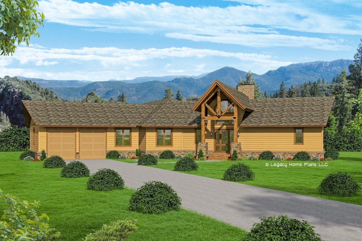 House plan exterior. Ranch style with a gabled entrance, exposed timber-frame porch, and attached garage. Stone accents at the base.