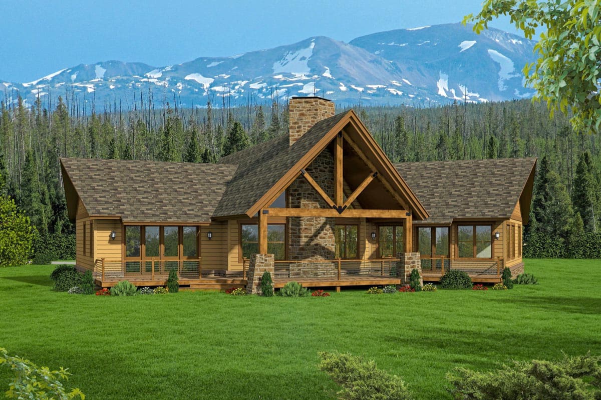 Log home exterior plan with prominent stone chimney, timber framing, and a wraparound porch.
