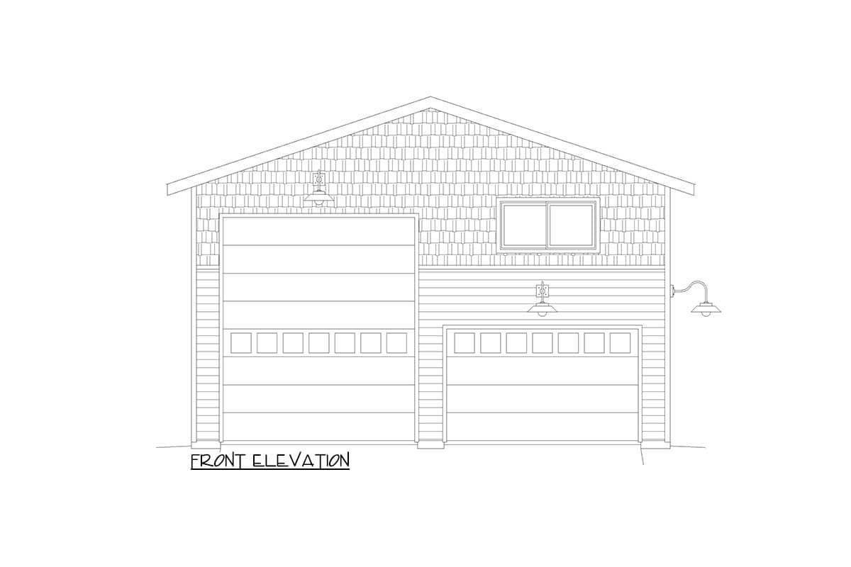 Front elevation drawing of a garage with two overhead doors, a window, and exterior lighting.