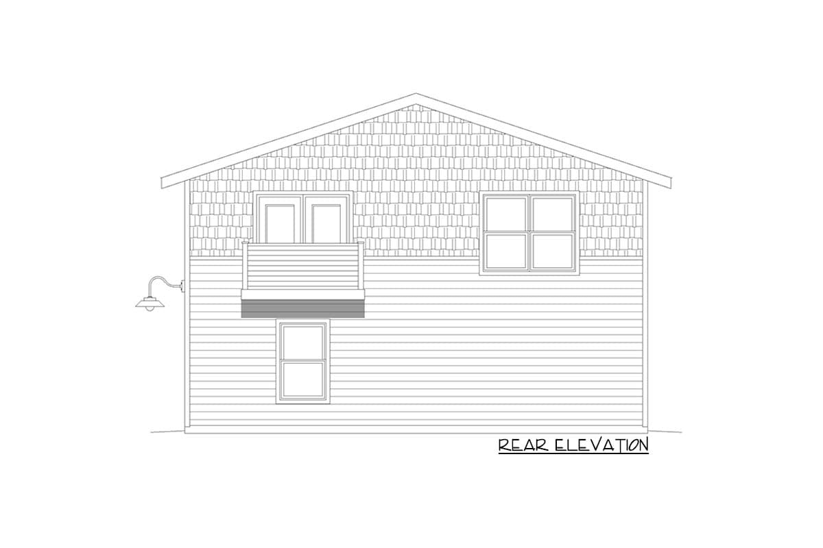 Rear elevation of house plan with shingled upper story, balcony, and horizontal siding.