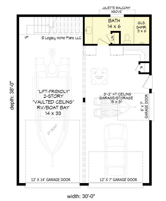 Plan 680013VR: RV Garage Apartment Plan with Lift-friendly Boat Bay - 680 Sq Ft - Floor Plan - Main Level - Craftsman, New American, Traditional