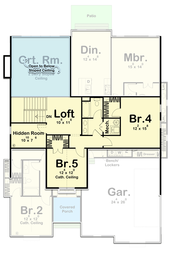 Plan 623132DJ: 5 Bed 1.5 Story House Plan with Hidden Fun Room Upstairs - Floor Plan - 2nd Floor - Country, New American, Traditional