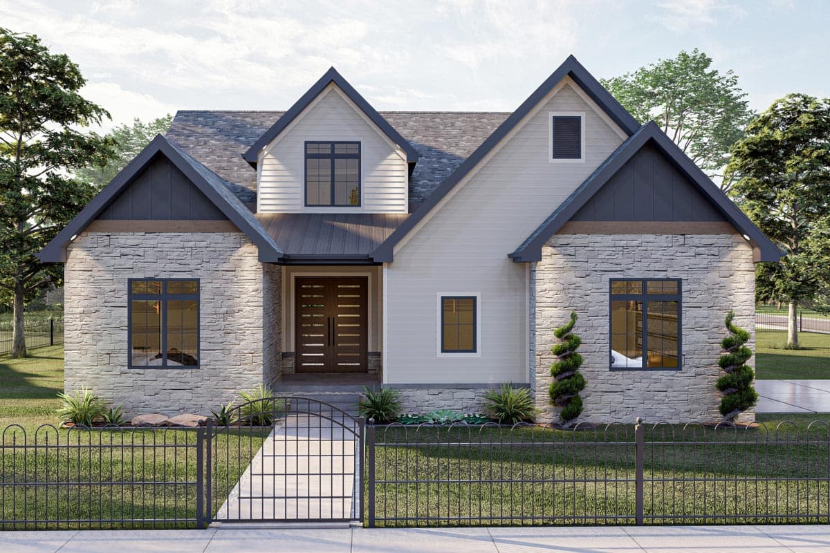 House plan exterior. Two-story Modern Farmhouse with stone facade, gabled roof, and dark trim. Features include dormers and a covered entry.