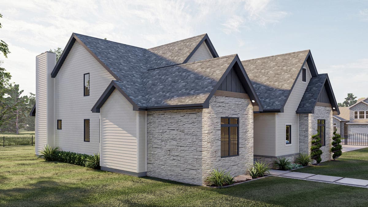 House plan exterior with stacked stone facade, white horizontal siding, multiple gables, and a prominent chimney.