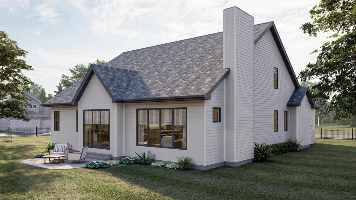 House plan exterior: Modern farmhouse style, two stories, white siding, prominent chimney, large windows, gabled roof.