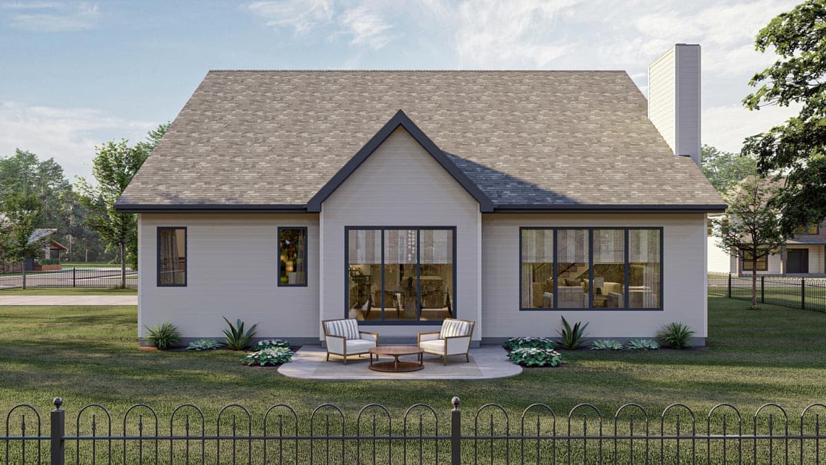 House plan exterior, one story, gable roofline, large windows, and a prominent chimney.