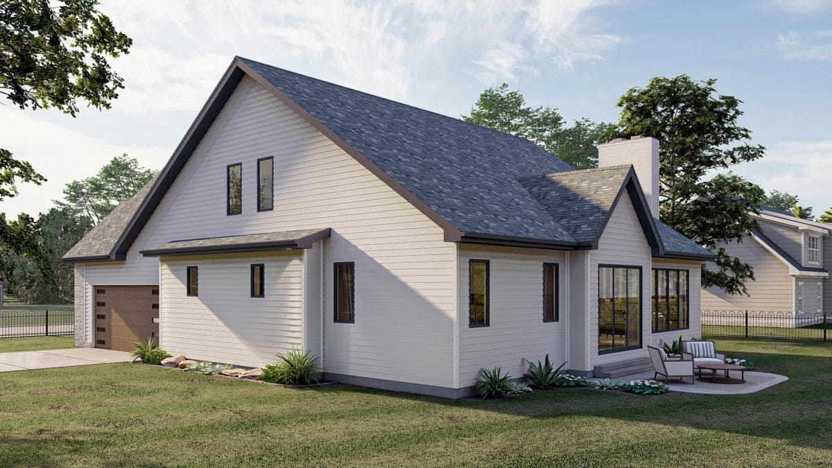 House plan exterior, two stories, Modern Farmhouse style, with siding, gabled roof, attached garage, and patio.