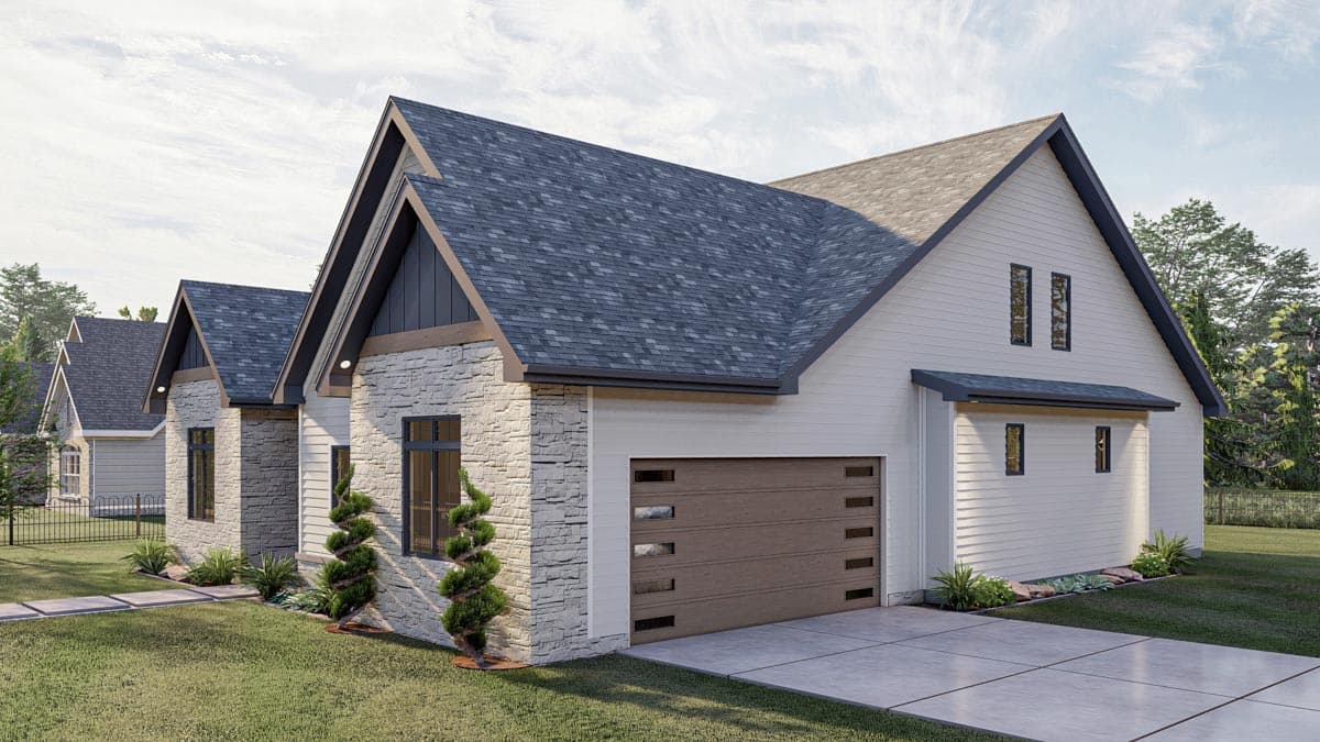 House plan exterior: Modern style, stone and siding facade, prominent gables, and a wood-paneled garage door.
