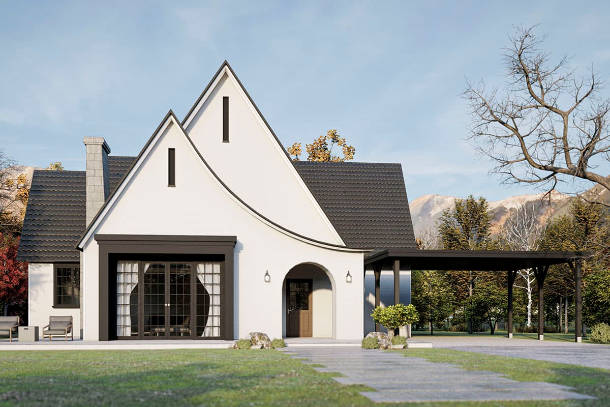 House plan exterior with gabled roof, arched entryway, and porte-cochère. Features include dark trim, stone chimney, and glass French doors.
