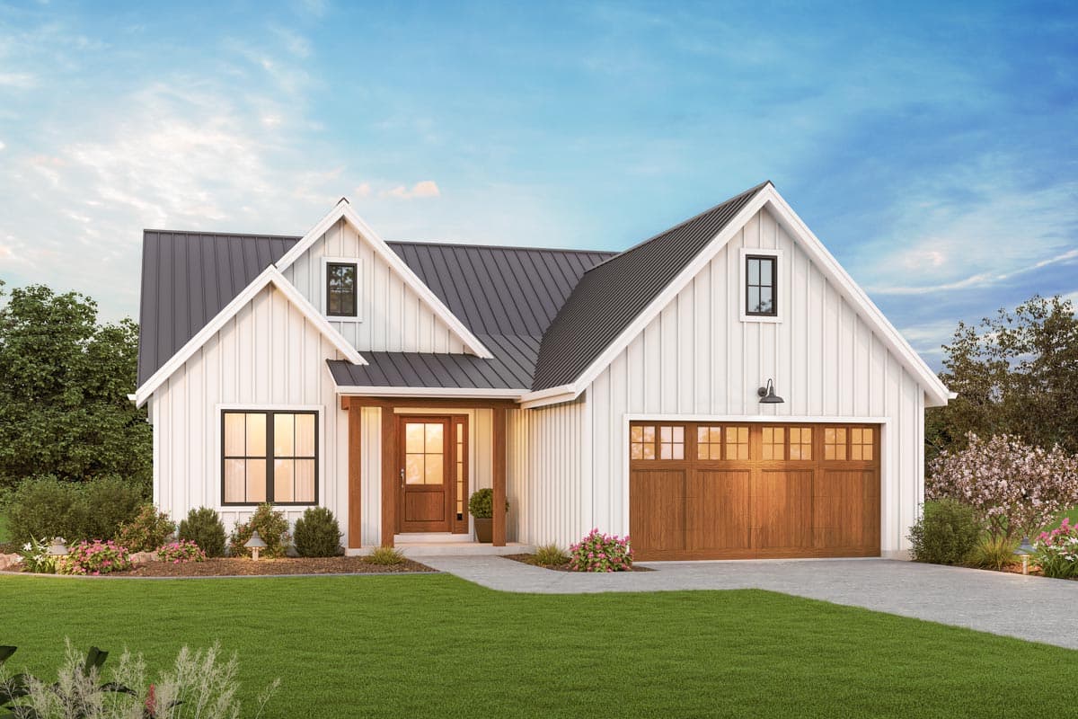 House plan exterior featuring a farmhouse style with gabled roof, dormers, and a front porch. One story house with a two-car garage.