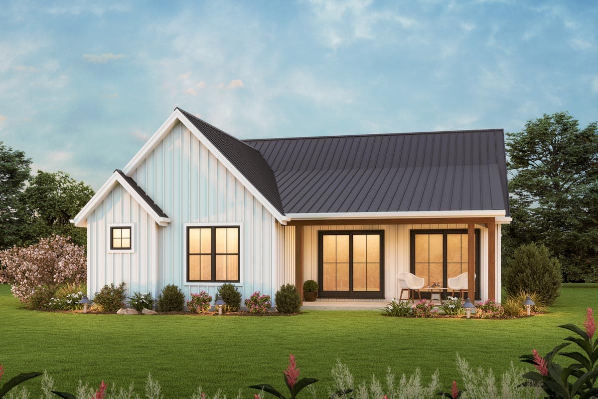 Modern Farmhouse house plan exterior with white vertical siding, gabled roof, covered porch with wood beams, and large windows.