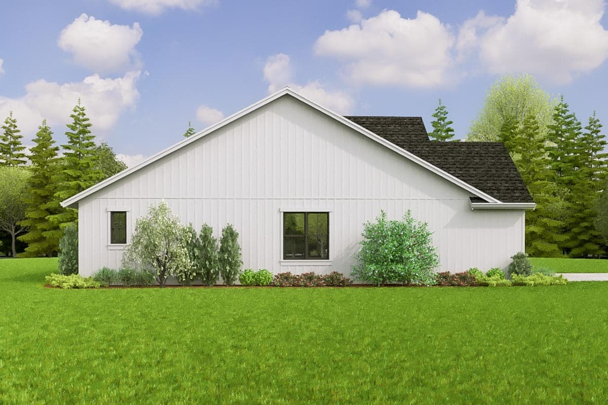 House plan exterior: Modern Farmhouse style, one story, white board-and-batten siding, gable roof, two windows.