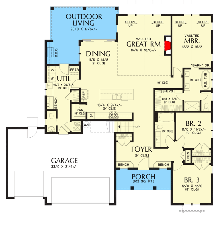 Plan 69226AM: 4-Bed New American House Plan with Vaulted Great Room - Floor Plan - Main Level - Cottage, Country, Craftsman, Farmhouse, Modern Farmhouse, New American