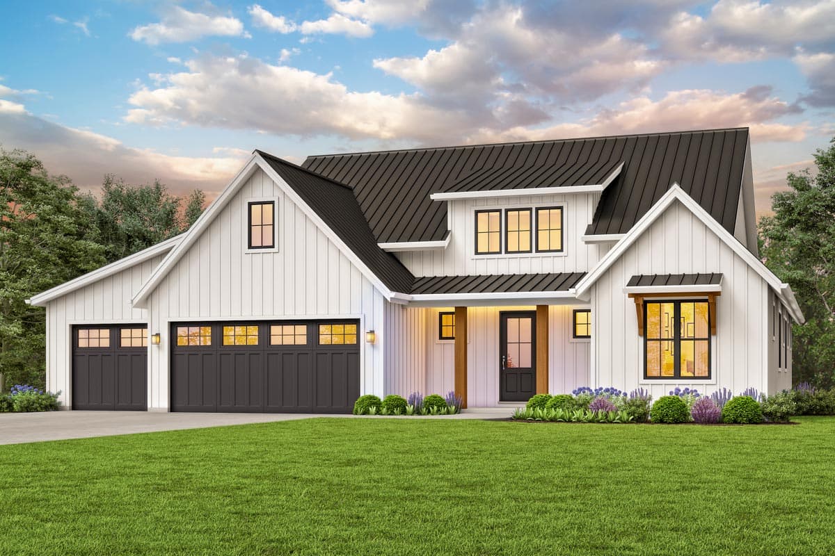 House plan exterior. Modern farmhouse style with two stories, gabled rooflines, a front-entry garage, and a covered porch with supporting columns.