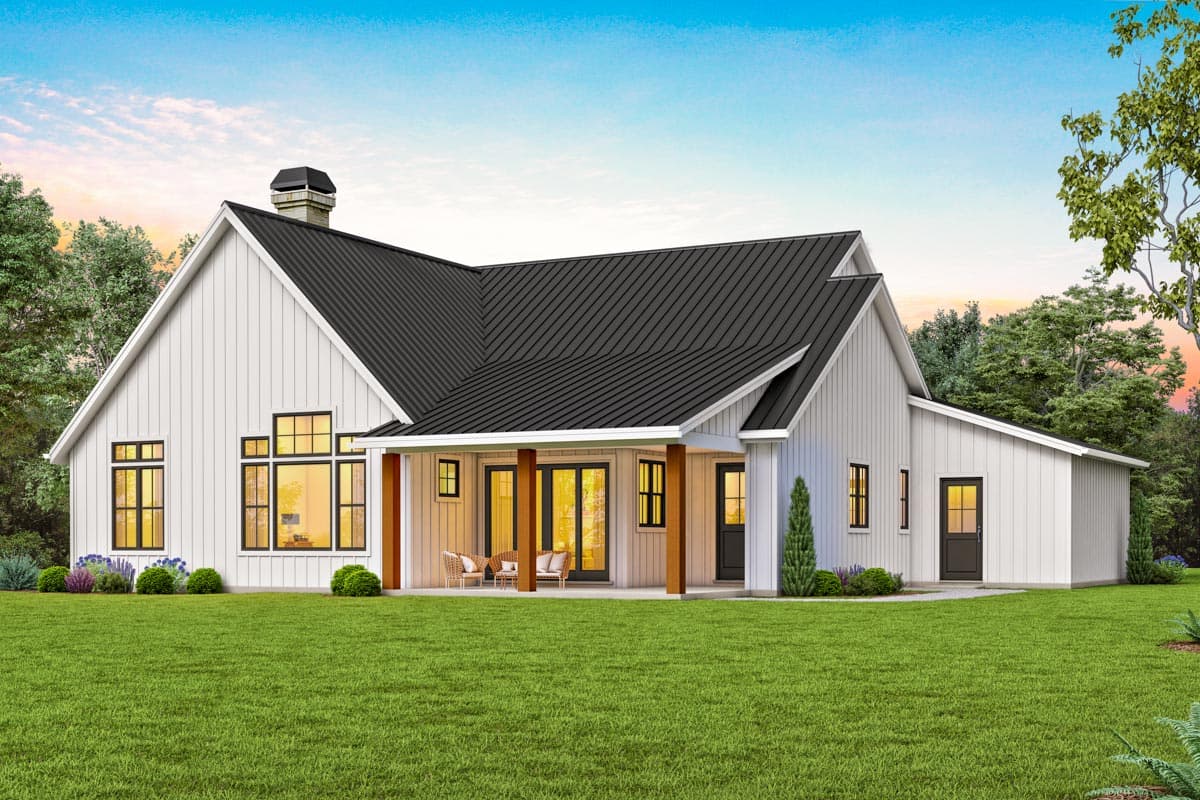 Modern Farmhouse house plan exterior with a prominent gable, covered porch with wood posts, and metal roof.