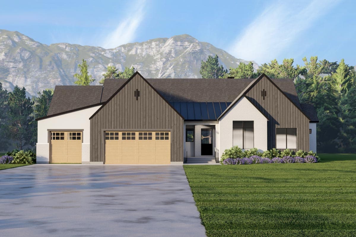 House plan exterior featuring a Modern Farmhouse style. Notable features: two-car garage, multiple gables, and a mix of siding and brick. One story.
