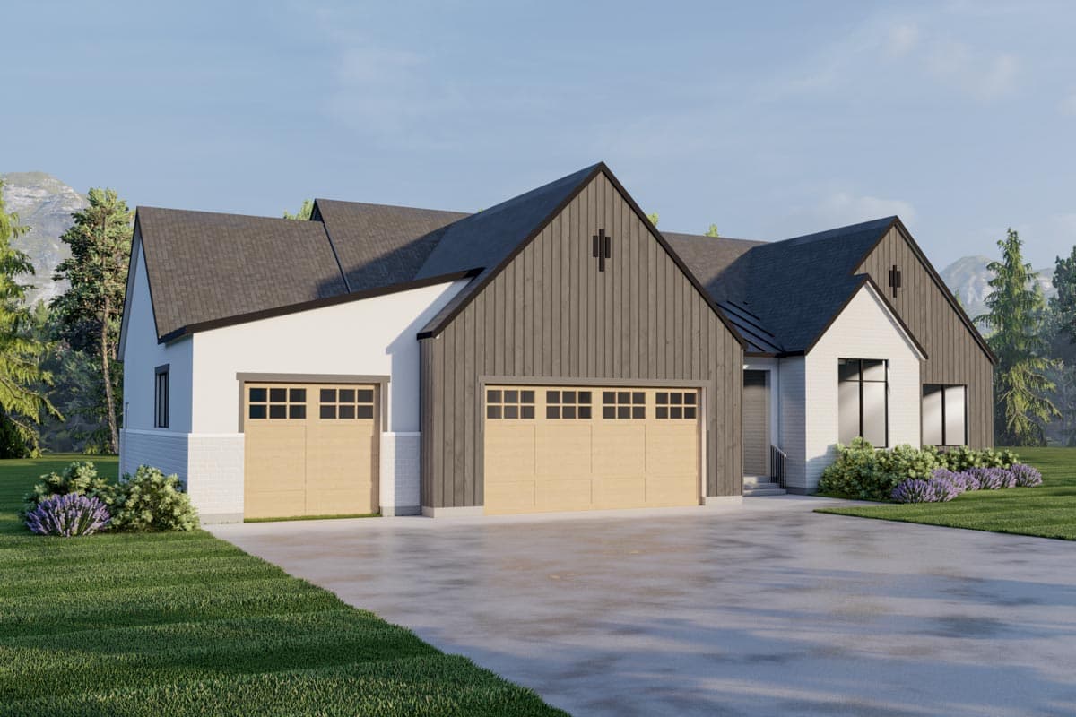 House plan exterior: Modern Farmhouse style, one-story with a three-car garage, gabled rooflines, and mixed siding.