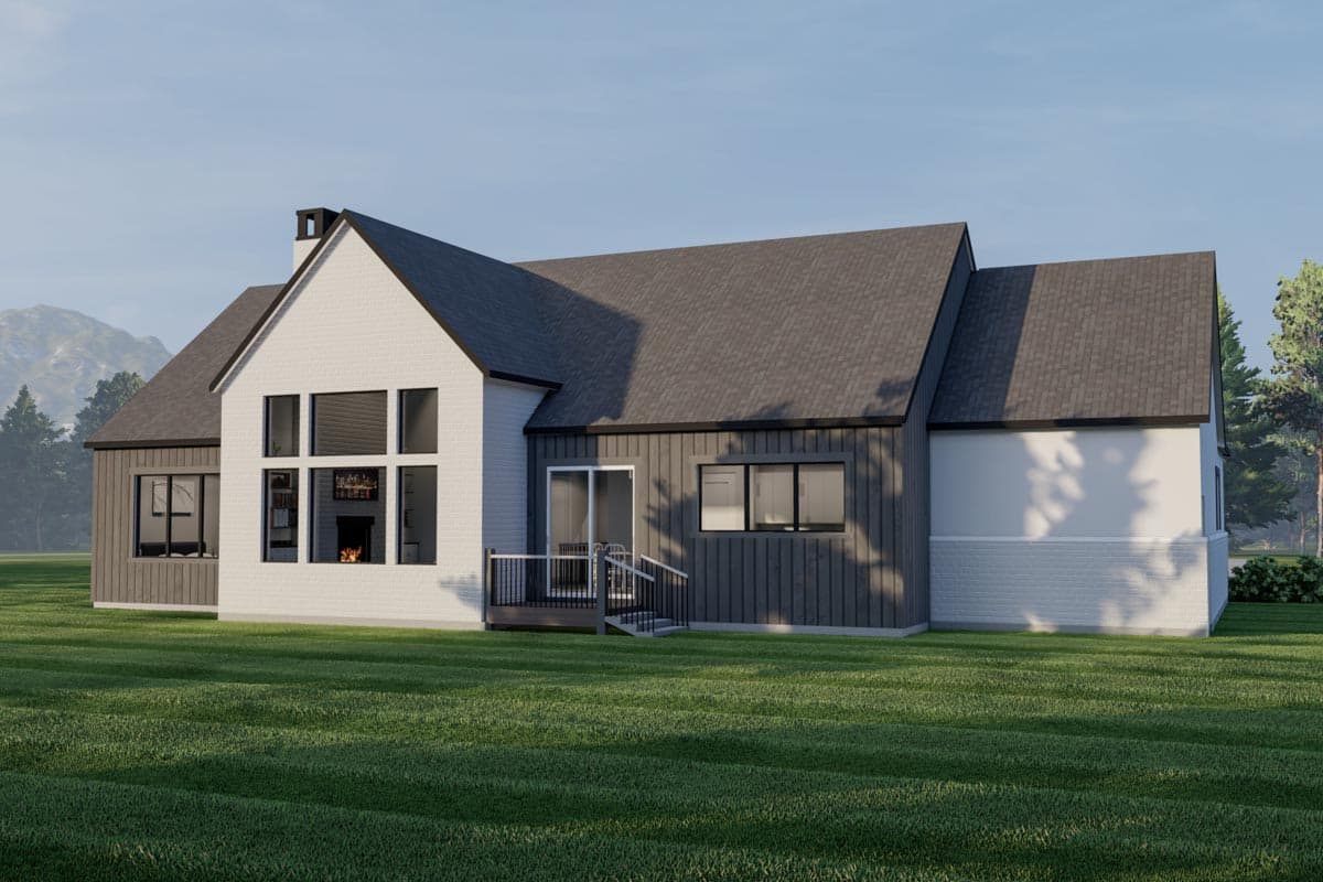 House plan exterior with white brick and dark siding, large multi-pane window, and gable rooflines.