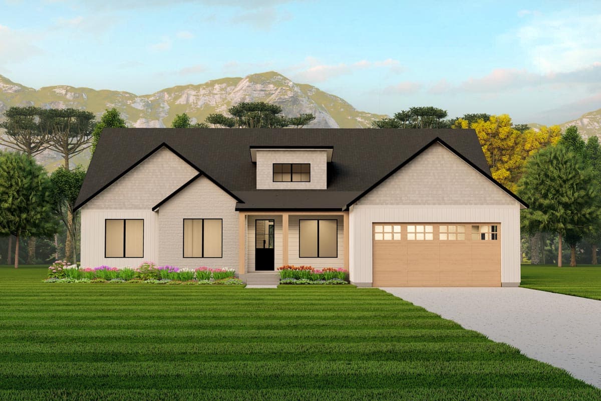 House plan exterior with two stories, board and batten siding, gabled roof, and a front-entry garage with a wood-toned door.