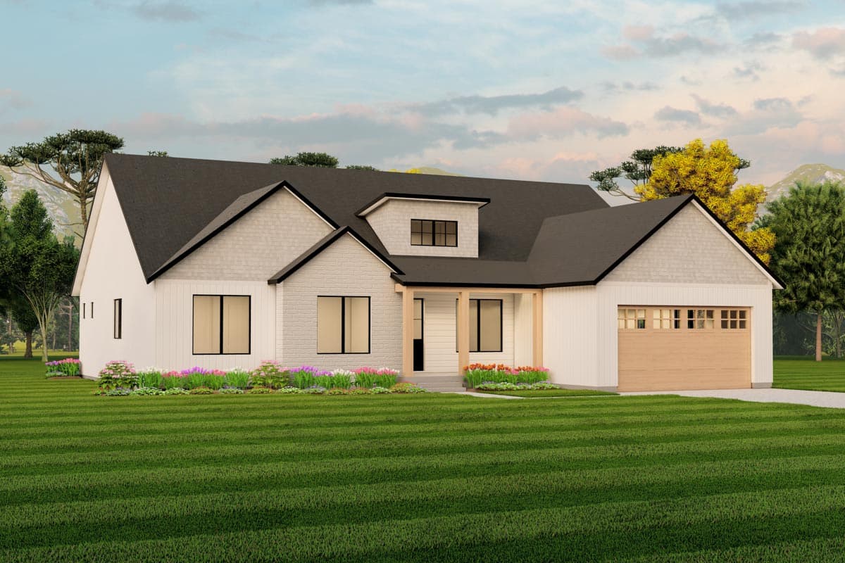 Modern Farmhouse house plan exterior with gables, dormer, and side-facing garage.