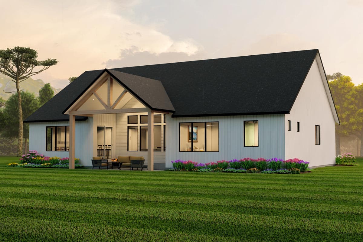 Modern house plan exterior with a covered patio, gable rooflines, white siding, and large windows.
