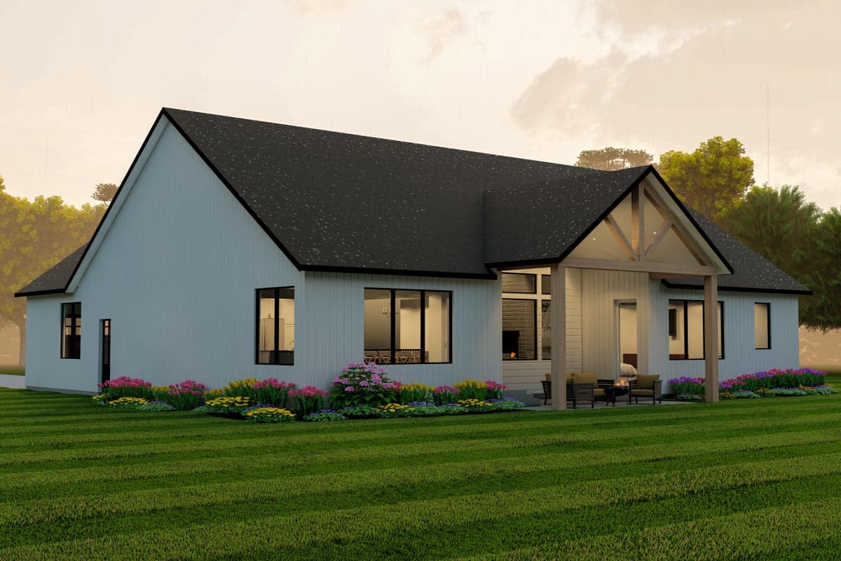 House plan exterior, modern farmhouse style, white siding, prominent gables, covered porch with exposed beams, and large windows.
