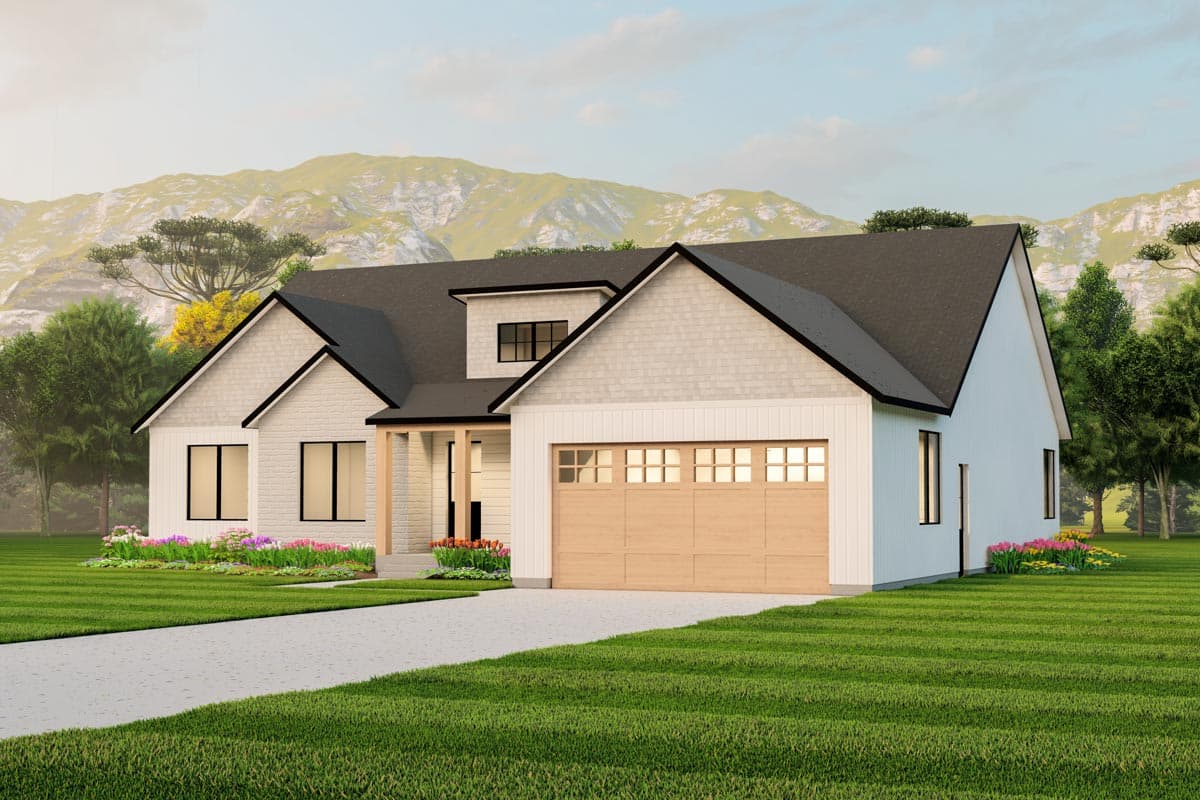 House plan exterior: Modern Farmhouse style, two stories, prominent gables, shingle and board-and-batten siding, attached garage.