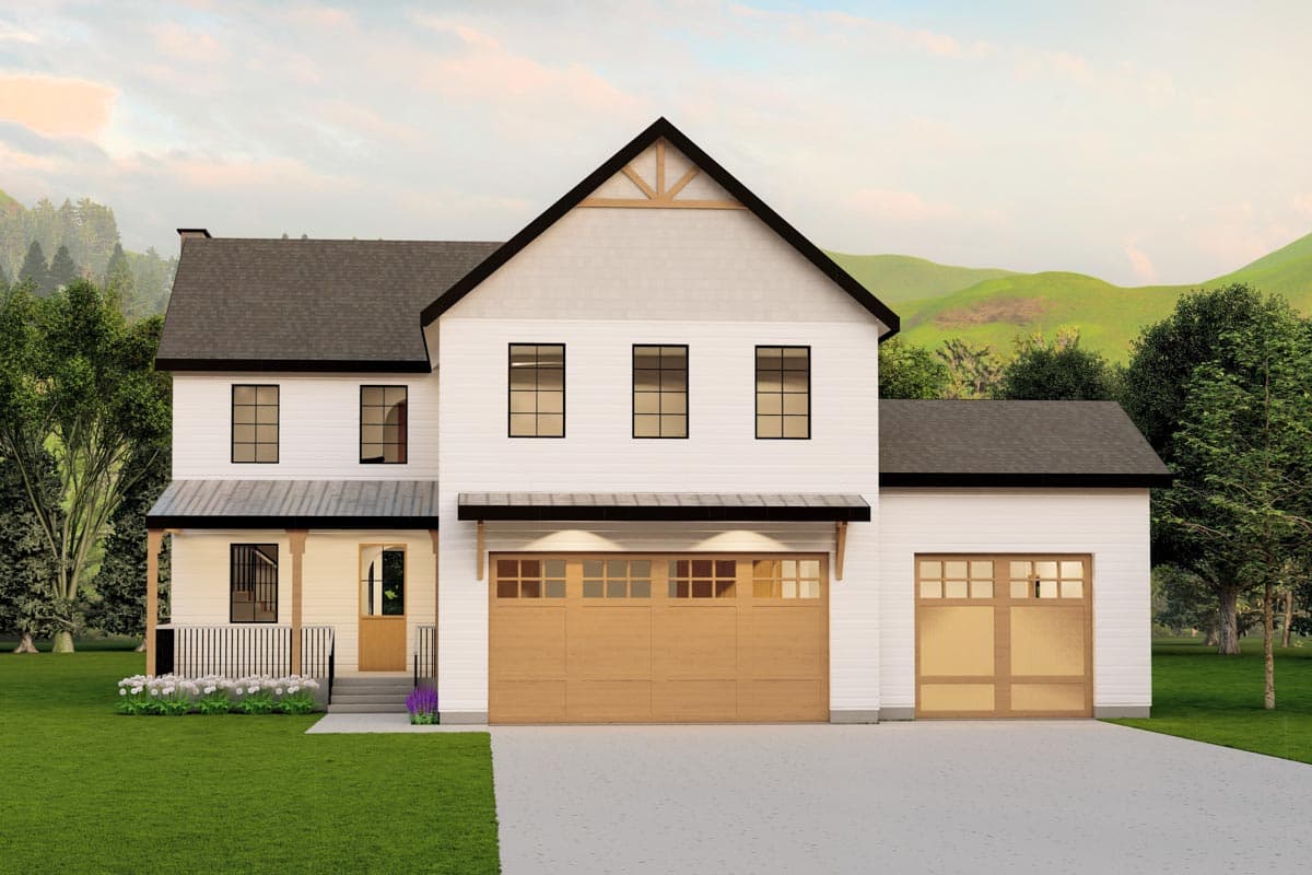 House plan exterior. Two-story Modern Farmhouse with a front porch, a gabled roof, and a detached garage.