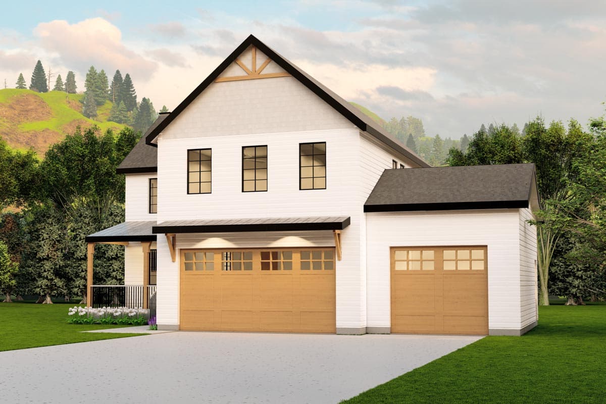 House plan exterior of a two-story Modern Farmhouse with white siding, dual gables, and a two-car garage.