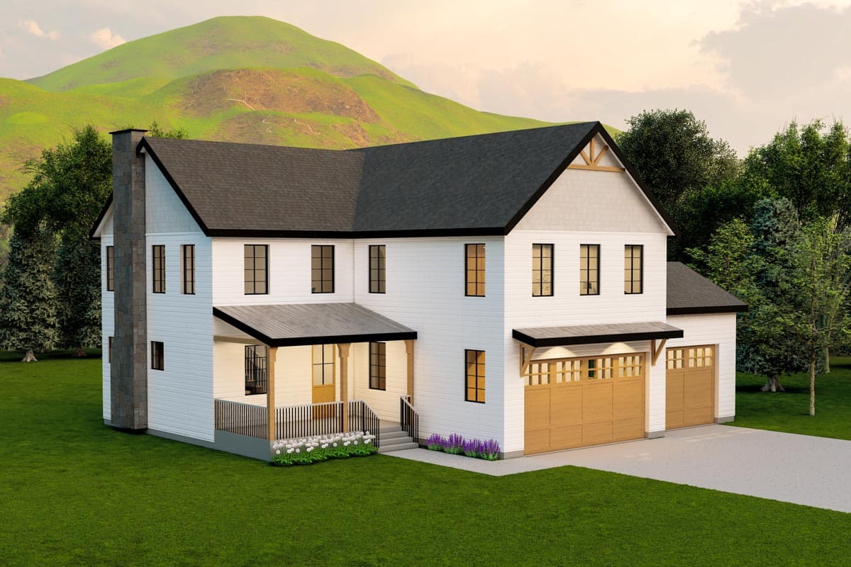 Modern Farmhouse house plan exterior with white siding, stone chimney, covered porch, and a three-car garage.