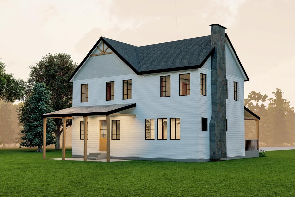 Two-story Modern Farmhouse house plan exterior with gabled front, covered porch, and stone chimney.