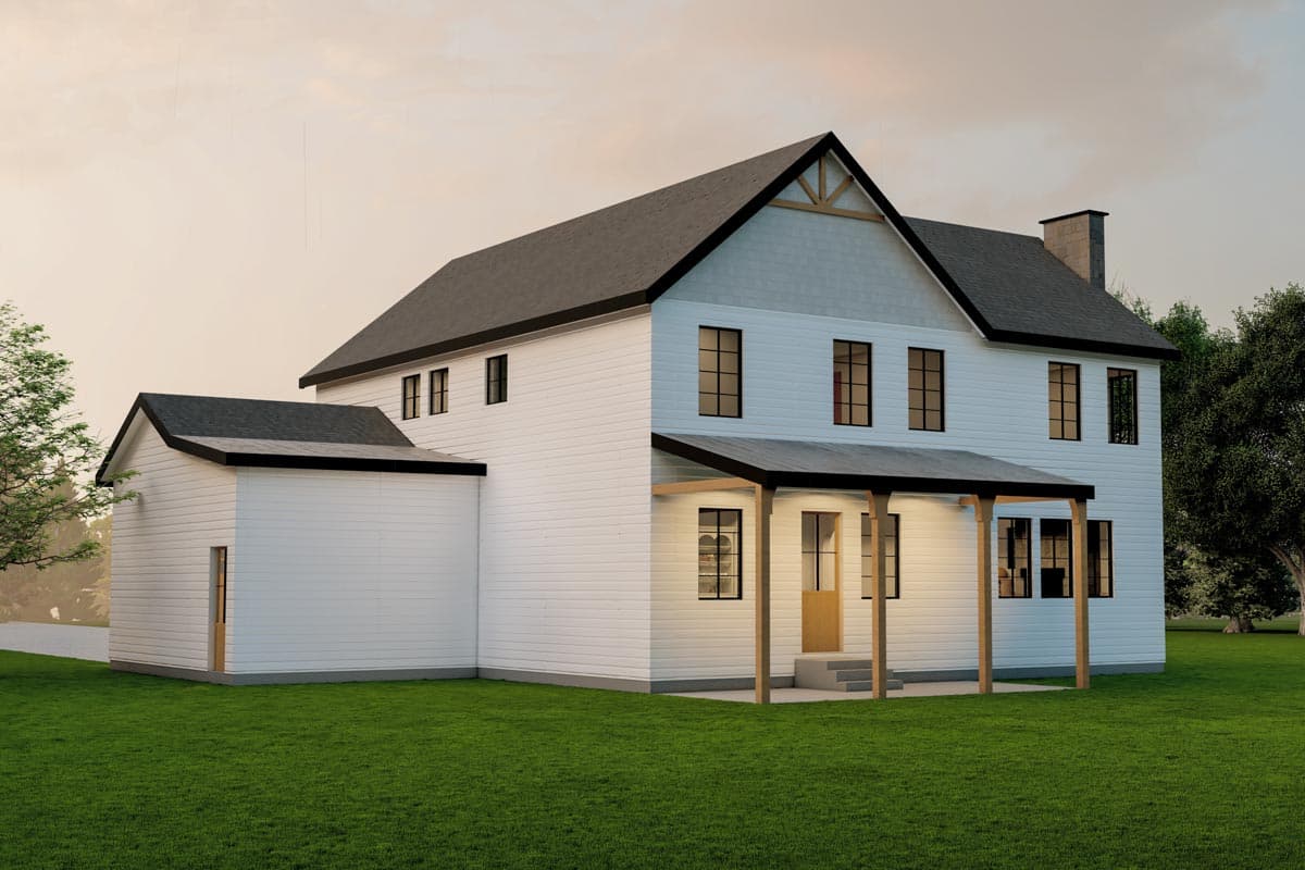 House plan exterior: Two-story Modern Farmhouse with gabled dormer, covered porch, and attached garage.